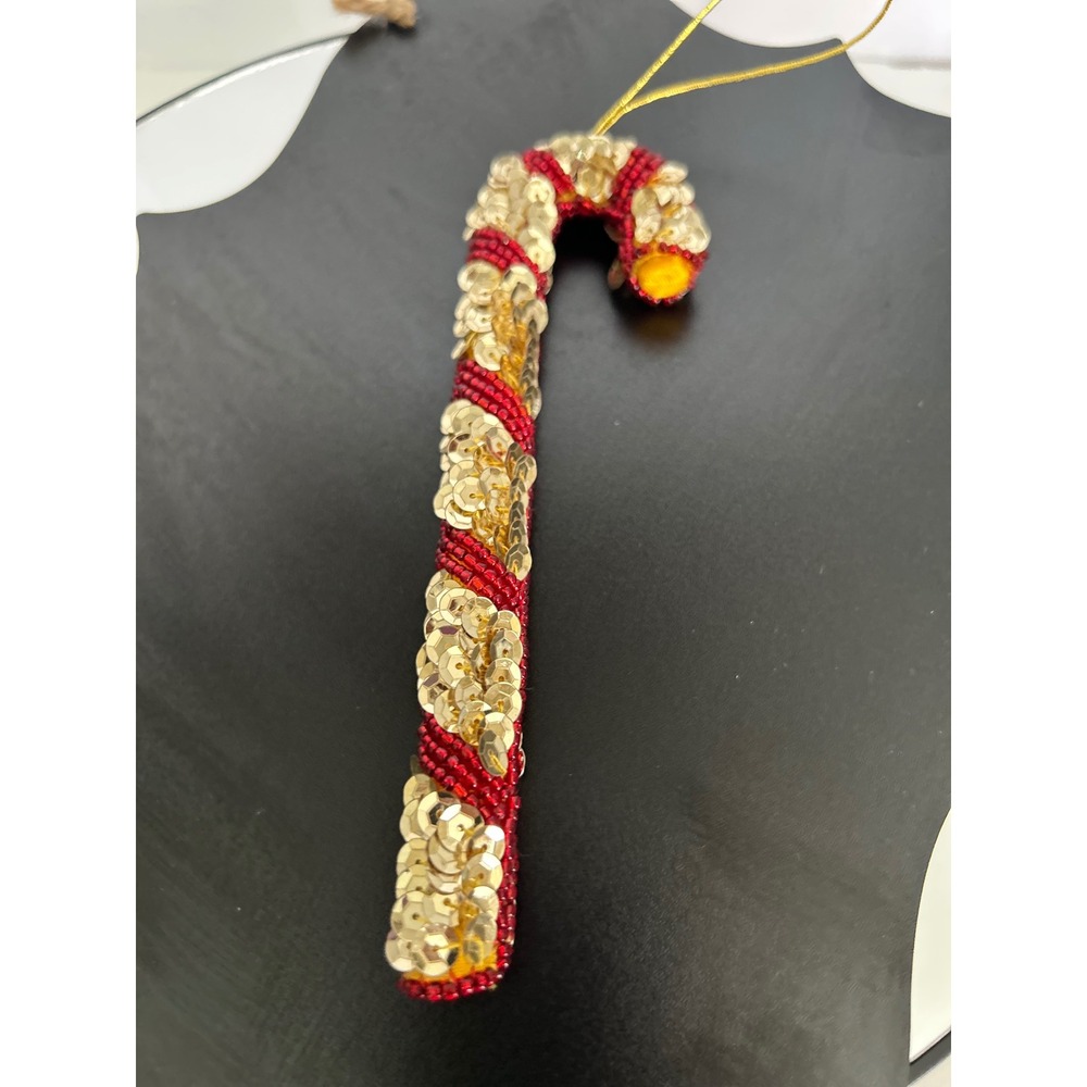 Candy Cane Christmas Gold Red Sequin Beaded Ornament Collectible Holiday Decor